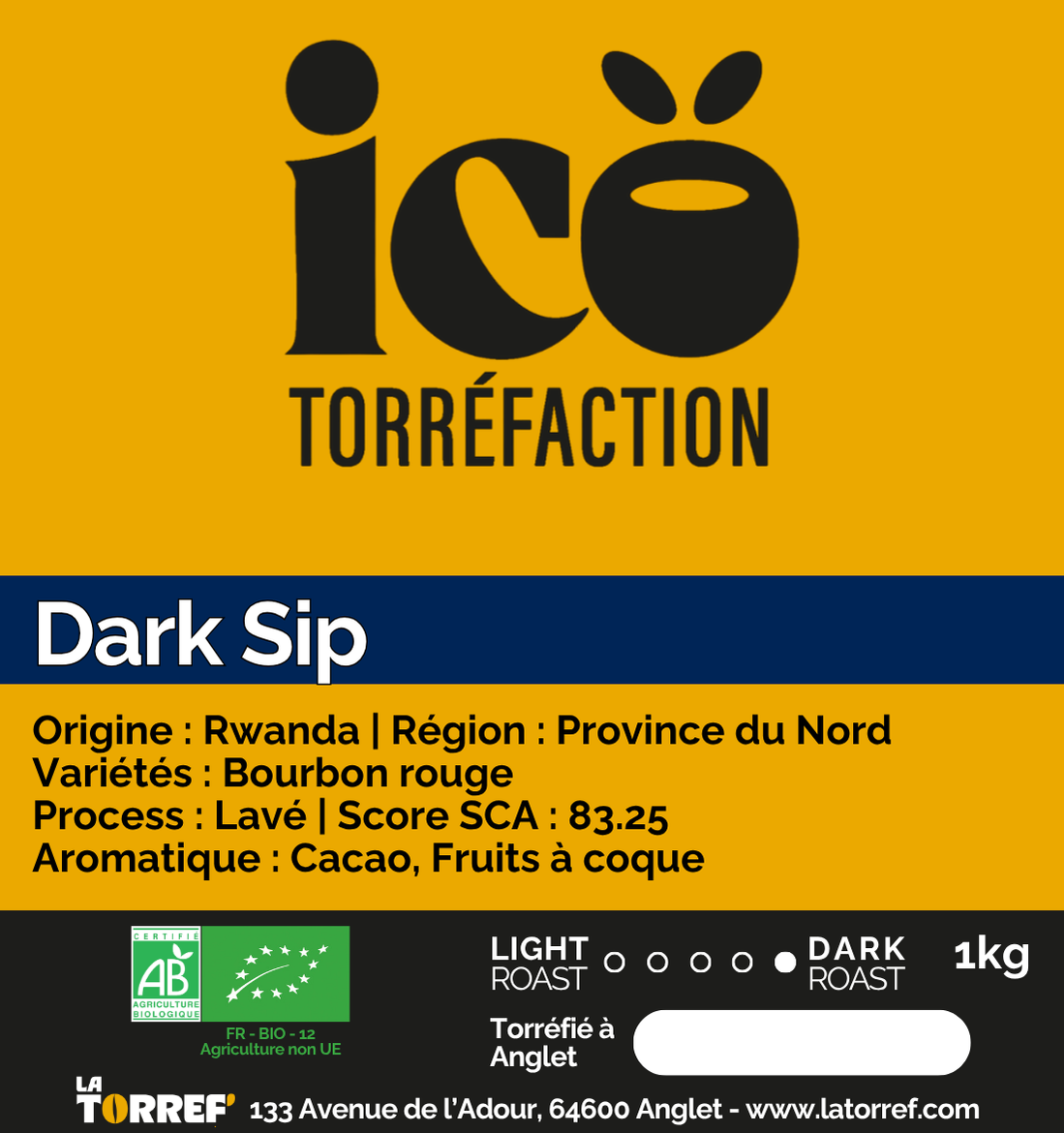 Étiquette du Dark Sip Icö Torréfaction, café du Rwanda en torréfaction foncée, sachet de 1 kg