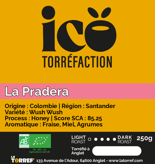 Étiquette de La Pradera Icö Torréfaction, café de Colombie (Santander), torréfaction légère, sachet de 250 g