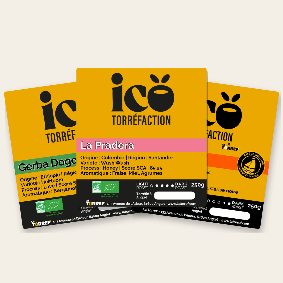 Étiquettes des trois cafés du coffret Explorateur Icö Torréfaction : Gerba Dogo, La Pradera et House Blend, sachets de 250 g