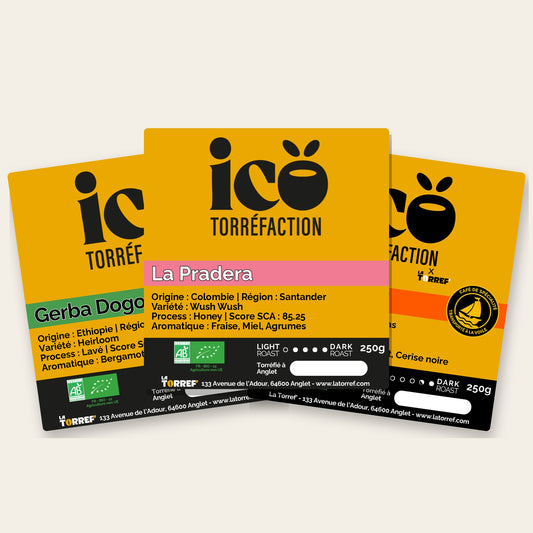 Étiquettes des trois cafés du coffret Explorateur Icö Torréfaction : Gerba Dogo, La Pradera et House Blend, sachets de 250 g