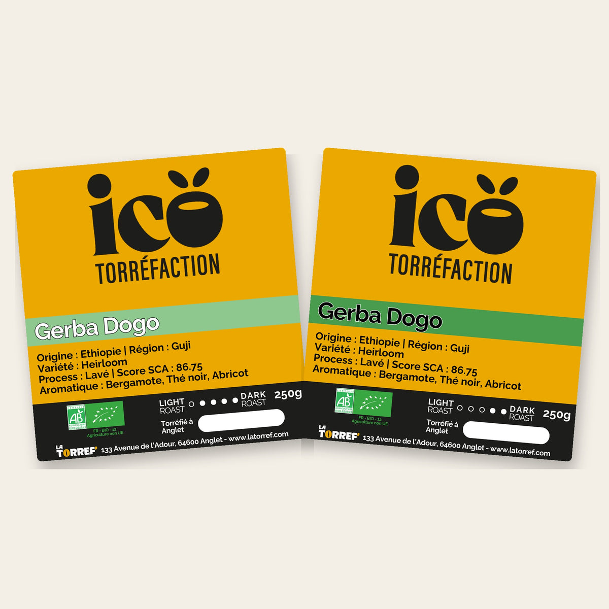 Étiquettes des deux sachets du coffret Gerba Dogo Icö Torréfaction : torréfaction Light et torréfaction Medium, 250 g chacun