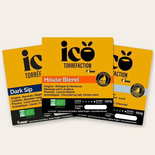 Étiquettes des trois cafés du coffret Repère Icö Torréfaction : House Blend, The Dark Sip et Le Bon Déca, sachets de 250 g