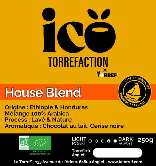 Étiquette du House Blend Icö Torréfaction, café en grain bio Honduras et Éthiopie, sachet de 250 g